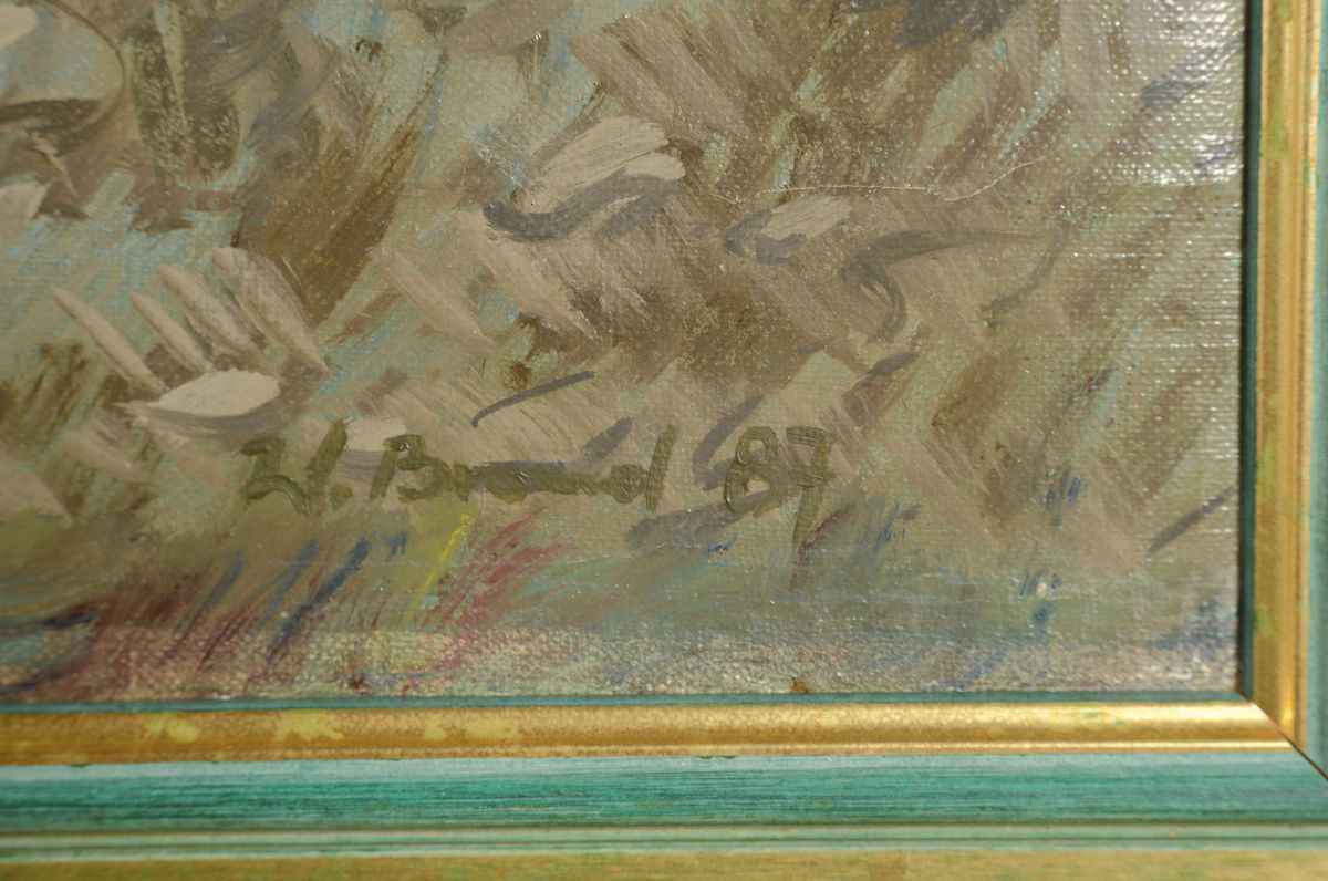 Detail a: Werner Brand, Kirschblüten und verwelkte Sonnenblumen, Memento Mori, Öl/Lwd, signiert, dat. 89, 140 x 69 cm, Rahmen