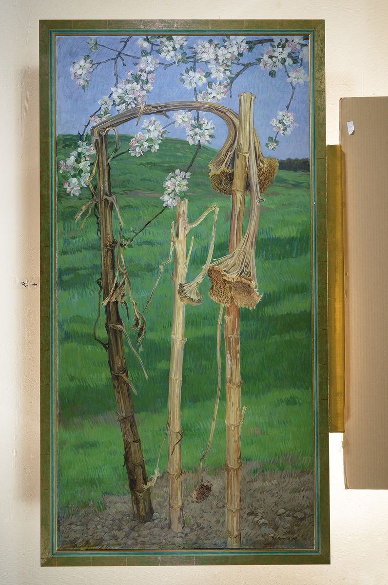 Detail k: Werner Brand, Kirschblüten und verwelkte Sonnenblumen, Memento Mori, Öl/Lwd, signiert, dat. 89, 140 x 69 cm, Rahmen