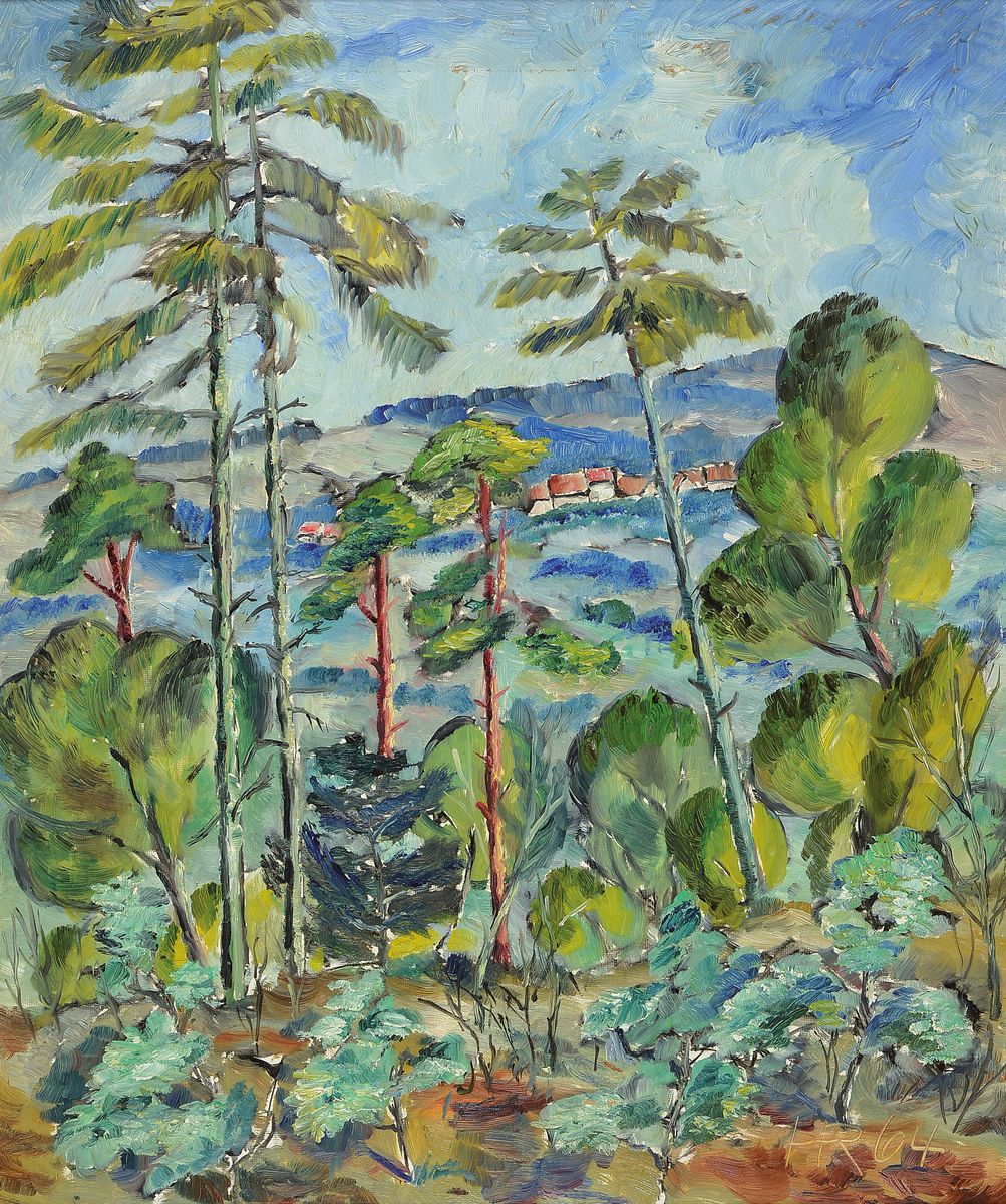 Heinz Reiss, 1923 - 2012 Haßloch, Schüler von Philipp Steinmetz, Mitglied der Künstlergruppe worbs, hier: Pfälzer Waldlandschaft mit Blick auf ...