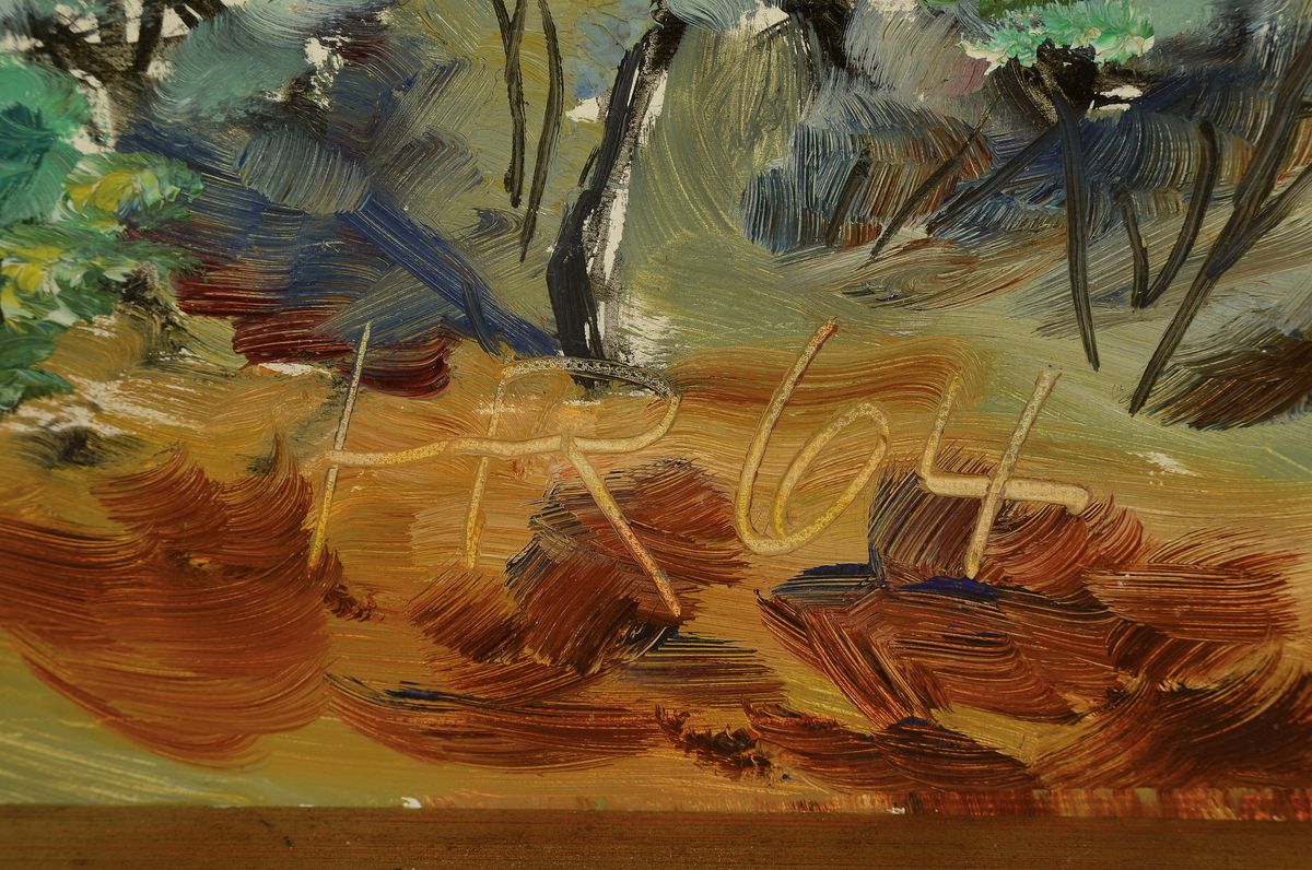 Detail a: Heinz Reiss, 1923 - 2012 Haßloch, Schüler von Philipp Steinmetz, Mitglied der Künstlergruppe worbs, hier: Pfälzer Waldlandschaft mit Blick auf ...