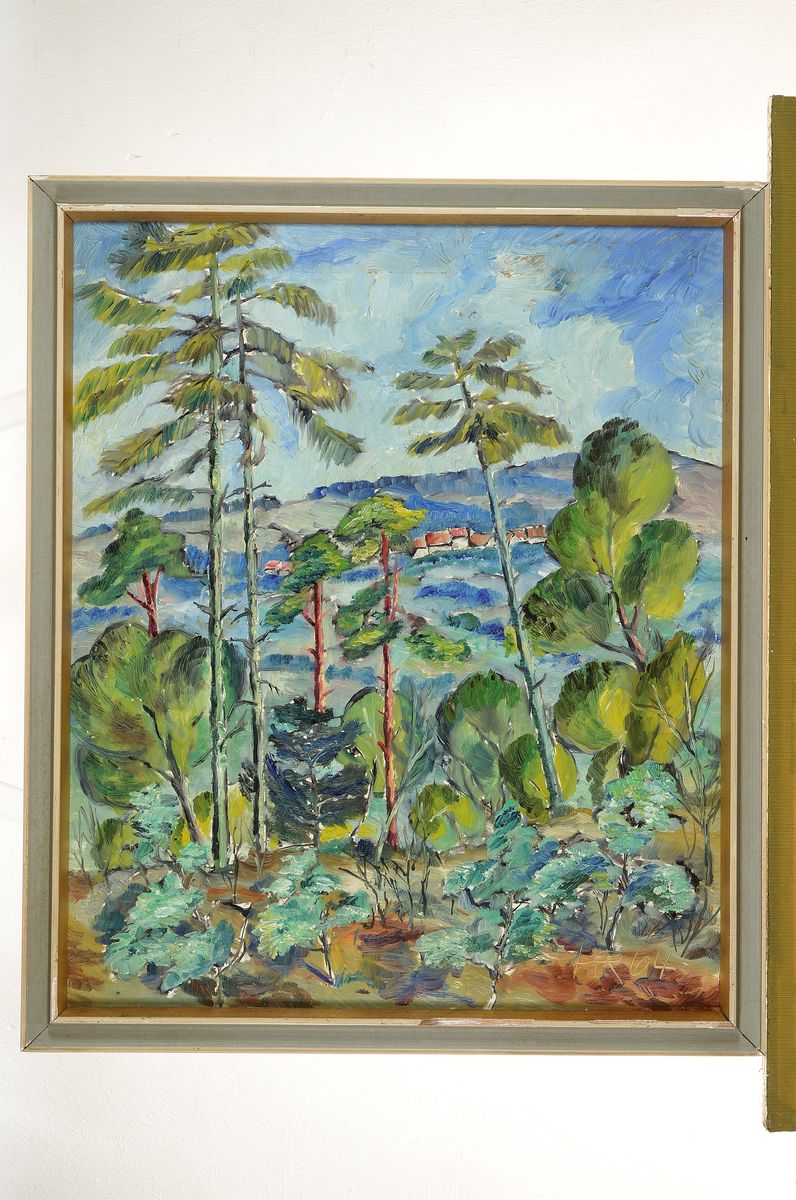 Detail k: Heinz Reiss, 1923 - 2012 Haßloch, Schüler von Philipp Steinmetz, Mitglied der Künstlergruppe worbs, hier: Pfälzer Waldlandschaft mit Blick auf ...