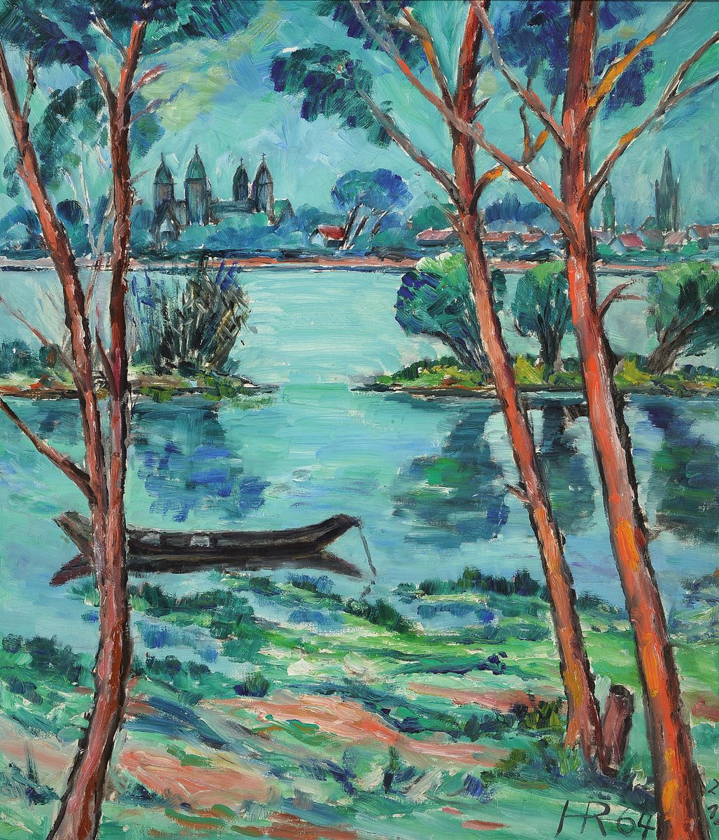 Heinz Reiss, 1923 - 2012 Haßloch, Schüler von Philipp Steinmetz, Mitglied der Künstlergruppe worbs, hier: Blick auf den Speyerer Dom, Öl/Platte, ...