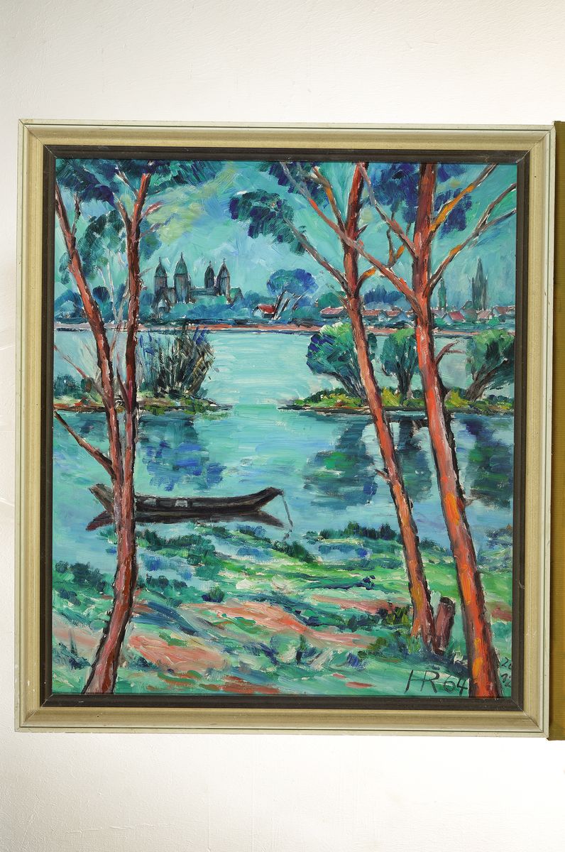 Detail k: Heinz Reiss, 1923 - 2012 Haßloch, Schüler von Philipp Steinmetz, Mitglied der Künstlergruppe worbs, hier: Blick auf den Speyerer Dom, Öl/Platte, ...