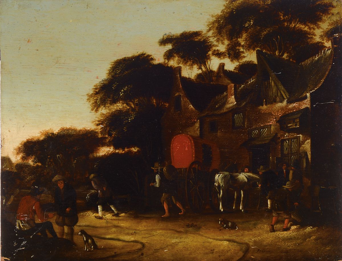 Unbekannter Niederländer, 17. Jh., Genreszene, belebte Szene vor einer Schänke, Öl/Holz, re. u. monogrammiert SHM, rest. Alterssp., ca. 38x50 cm