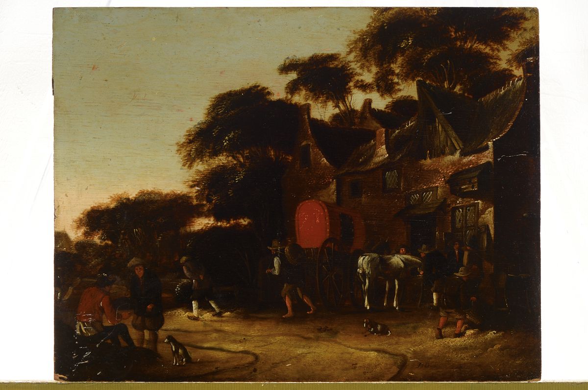 Detail k: Unbekannter Niederländer, 17. Jh., Genreszene, belebte Szene vor einer Schänke, Öl/Holz, re. u. monogrammiert SHM, rest. Alterssp., ca. 38x50 cm