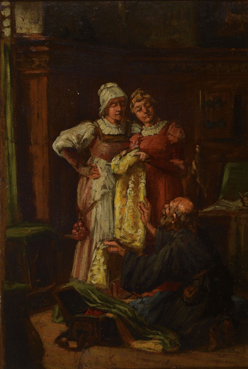 Unbekannter Künstler des 19.Jh., Zwei Damen bei der Stoffprobe, Öl/Lwd, rest., l.besch., doubliert, Rahmen, ca. 35 x 24 / 39x28 cm