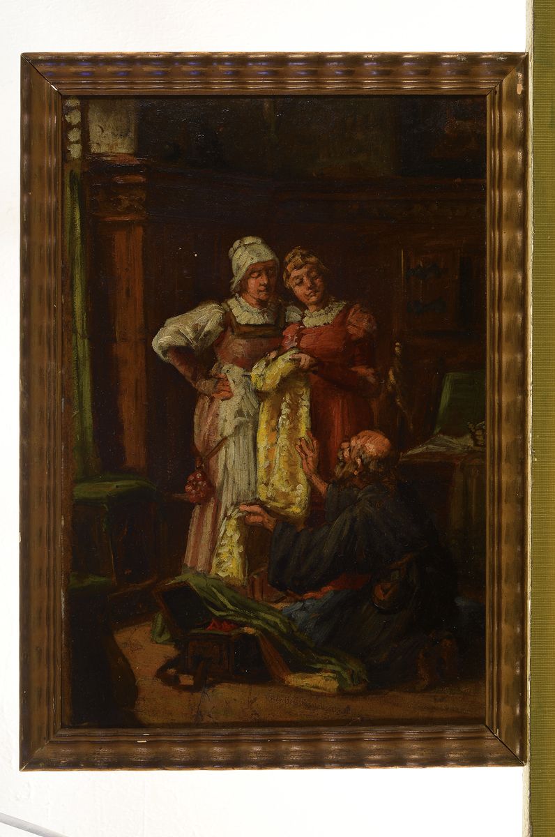 Detail k: Unbekannter Künstler des 19.Jh., Zwei Damen bei der Stoffprobe, Öl/Lwd, rest., l.besch., doubliert, Rahmen, ca. 35 x 24 / 39x28 cm