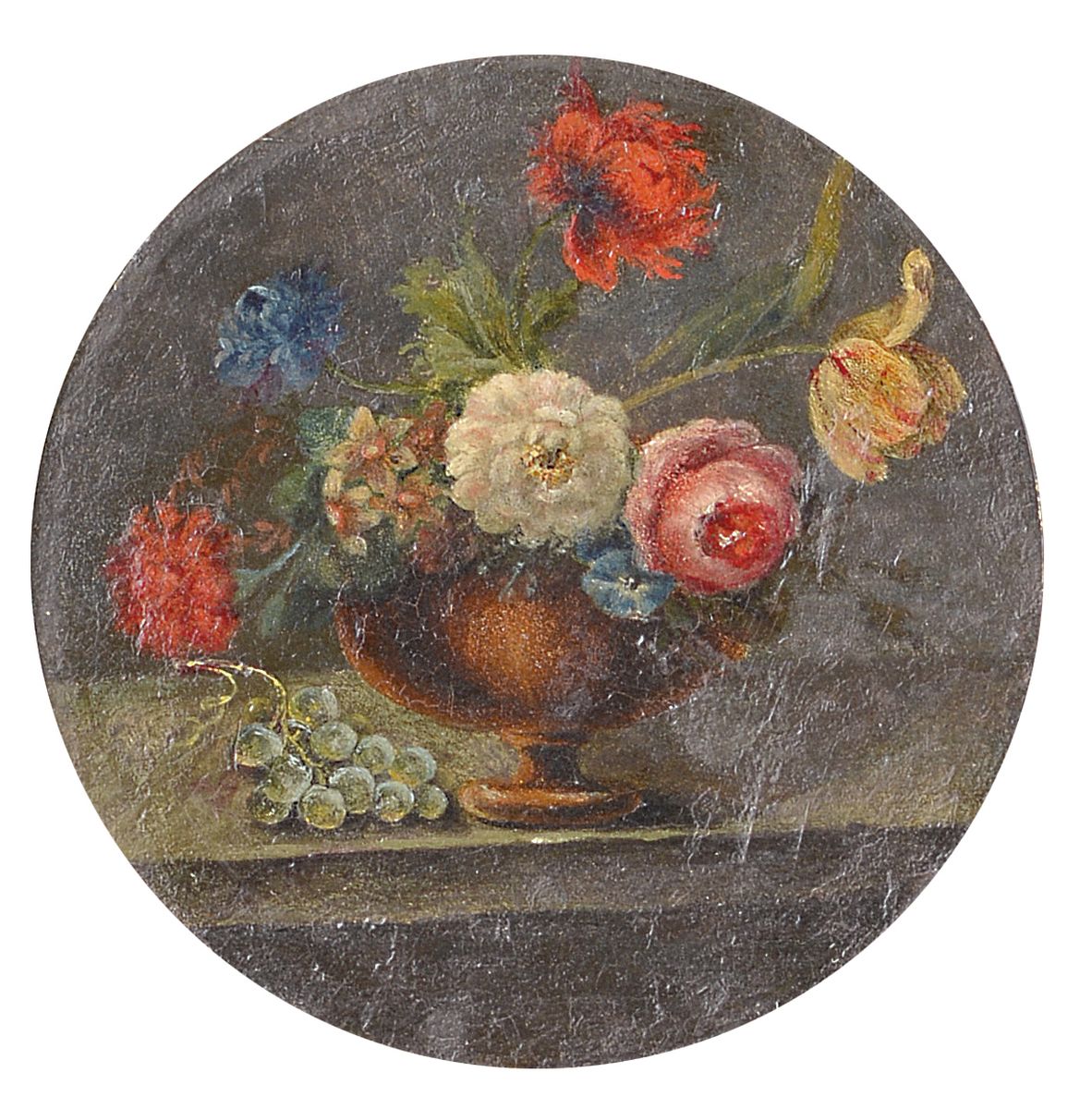 Runde Miniaturmalerei, 18.Jh., Blumenstillleben, feine Malerei, l.Alterssp., ca. 7.5 cm, u.Gl.R.