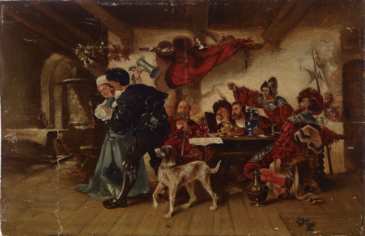 Monogrammist HF, Trinkgelage, in niederländischer Manier, li. unten monogrammiert u. datiert 1889, Öl/Holz, ca. 26x40 cm