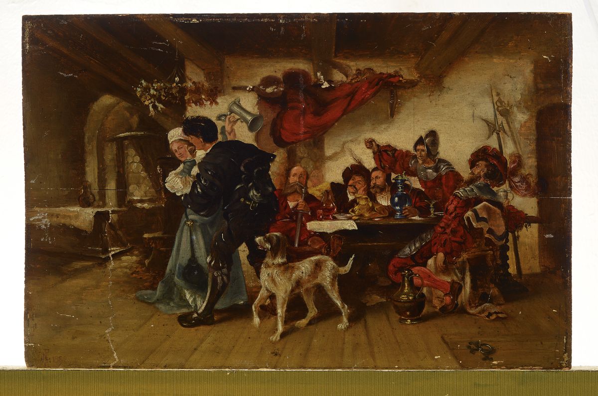Detail k: Monogrammist HF, Trinkgelage, in niederländischer Manier, li. unten monogrammiert u. datiert 1889, Öl/Holz, ca. 26x40 cm