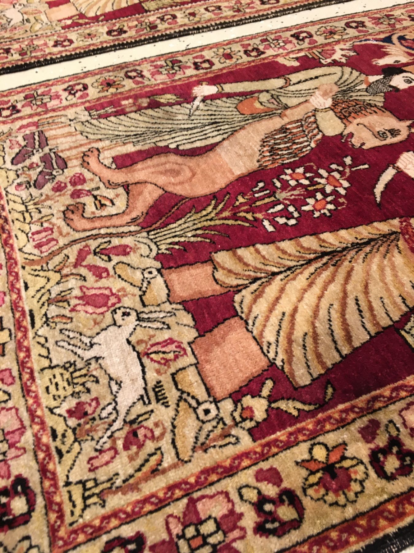 Detail f: 1 Paar feine Kerman-Ravar "Bildteppiche" antik (Rostam kämpft gegen den weißen Diew & König Dariush), Südpersien, Ende 19.Jhd., ...