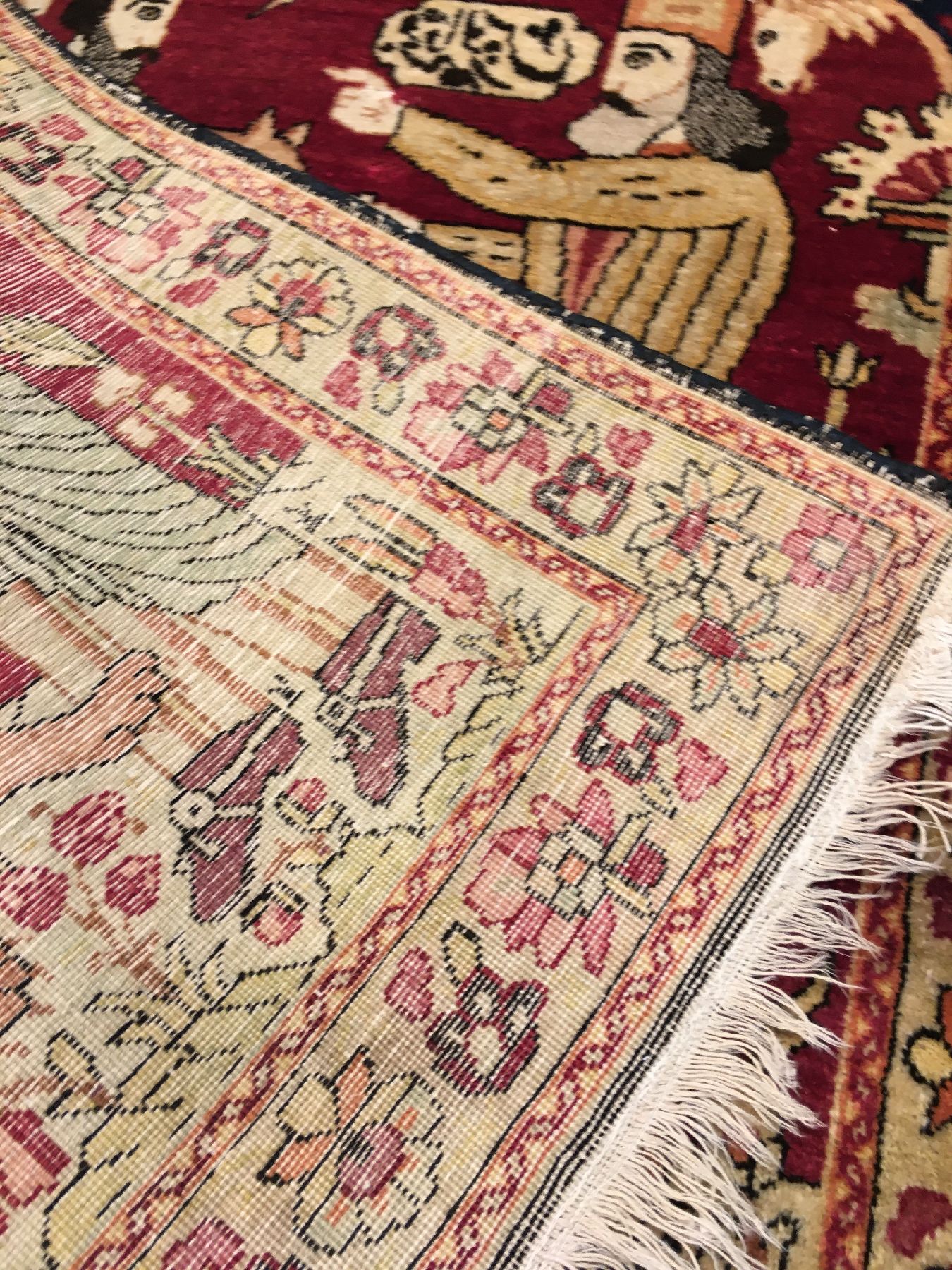 Detail h: 1 Paar feine Kerman-Ravar "Bildteppiche" antik (Rostam kämpft gegen den weißen Diew & König Dariush), Südpersien, Ende 19.Jhd., ...