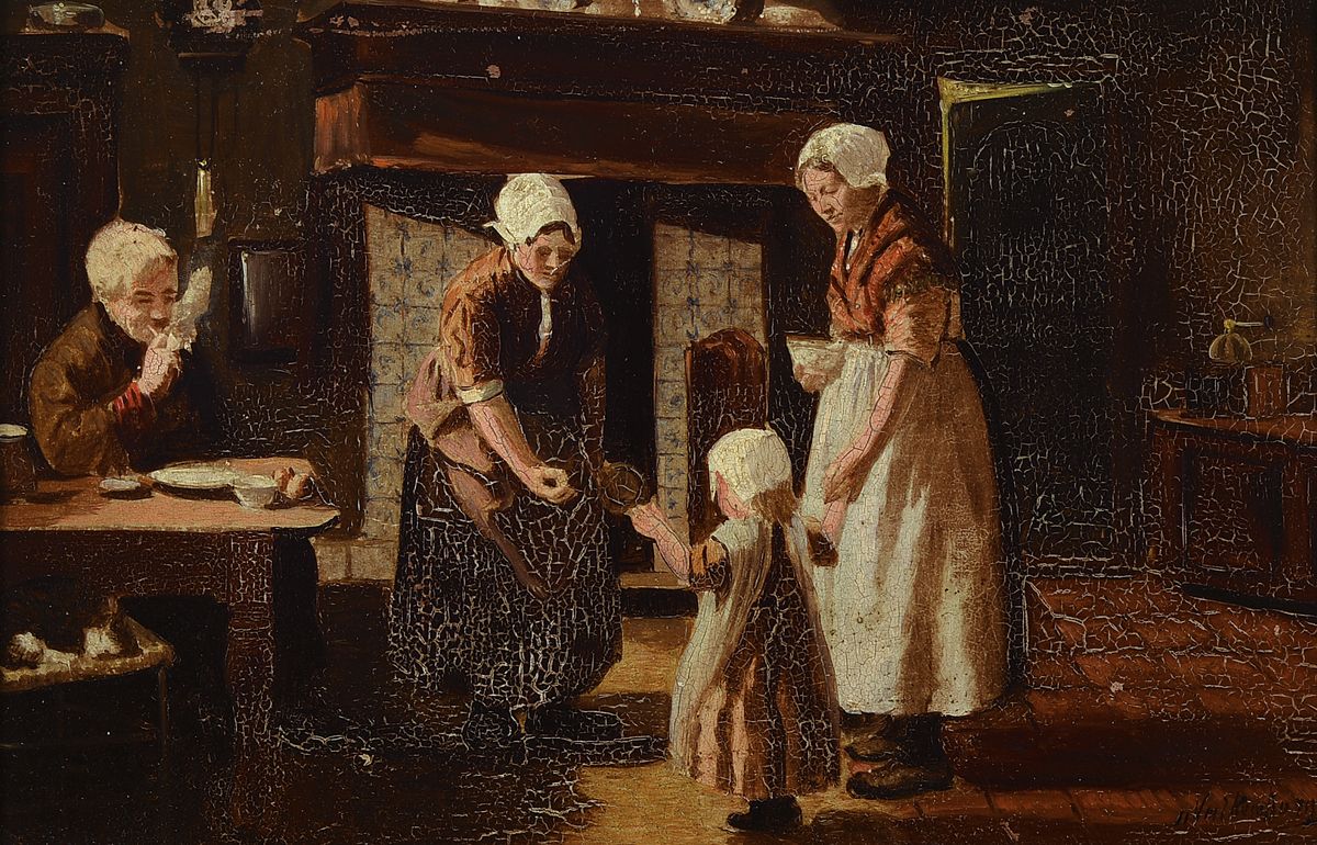 Niederländischer Künstler, häusliche Genreszene in der Stube, Öl/Platte, re. u. signiert Kornberg, krakeliert, rest., Rahmen, ca. 20x26 / 29x38 cm