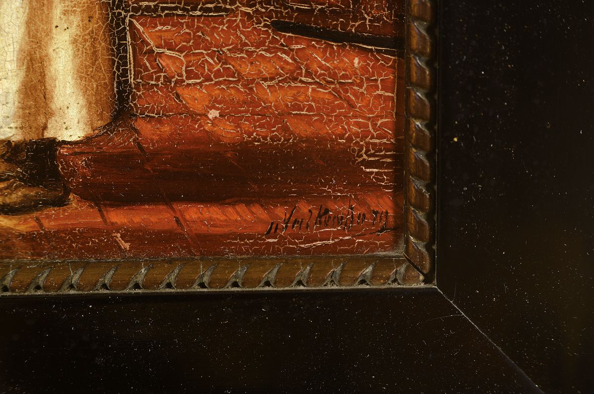 Detail a: Niederländischer Künstler, häusliche Genreszene in der Stube, Öl/Platte, re. u. signiert Kornberg, krakeliert, rest., Rahmen, ca. 20x26 / 29x38 cm