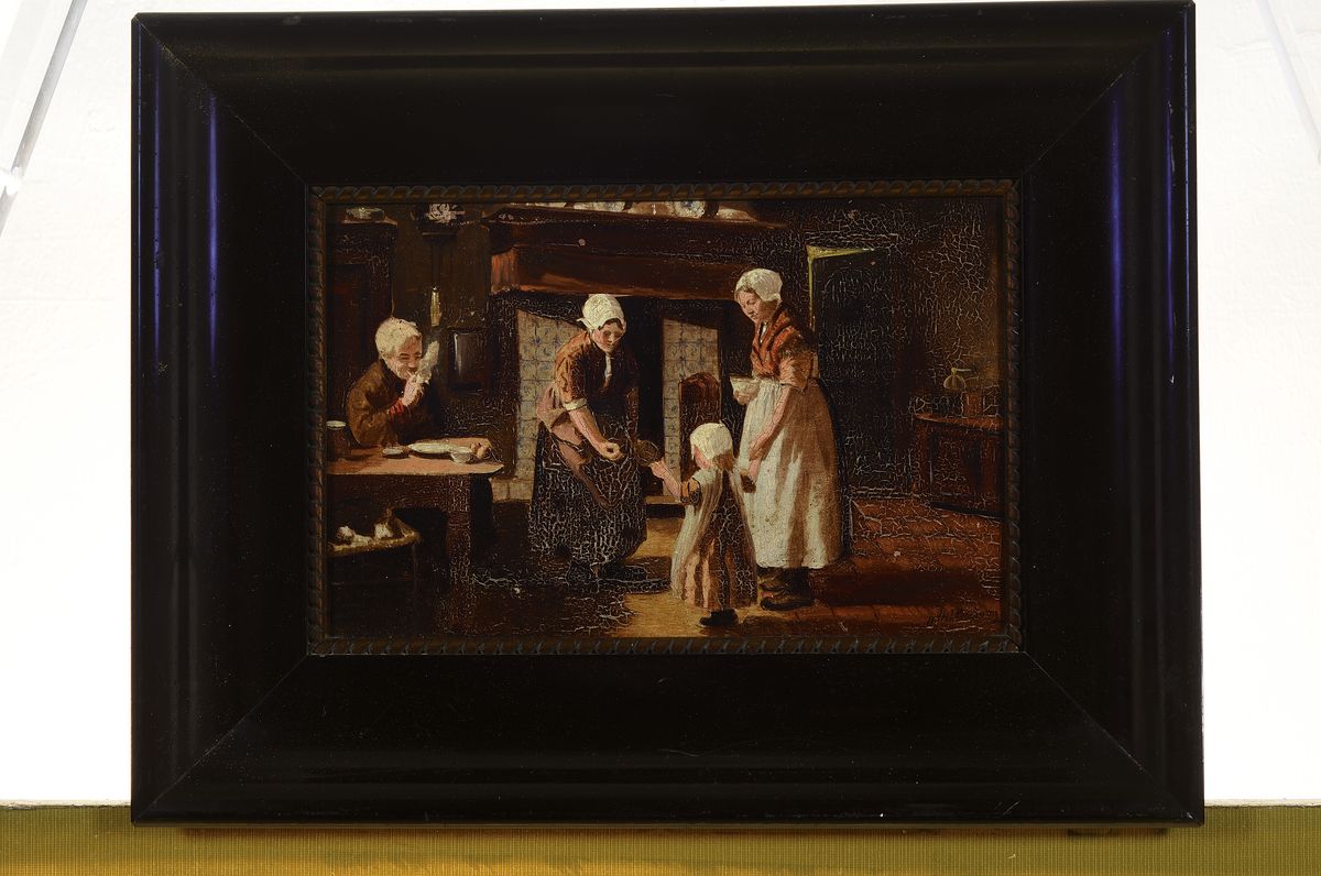 Detail k: Niederländischer Künstler, häusliche Genreszene in der Stube, Öl/Platte, re. u. signiert Kornberg, krakeliert, rest., Rahmen, ca. 20x26 / 29x38 cm