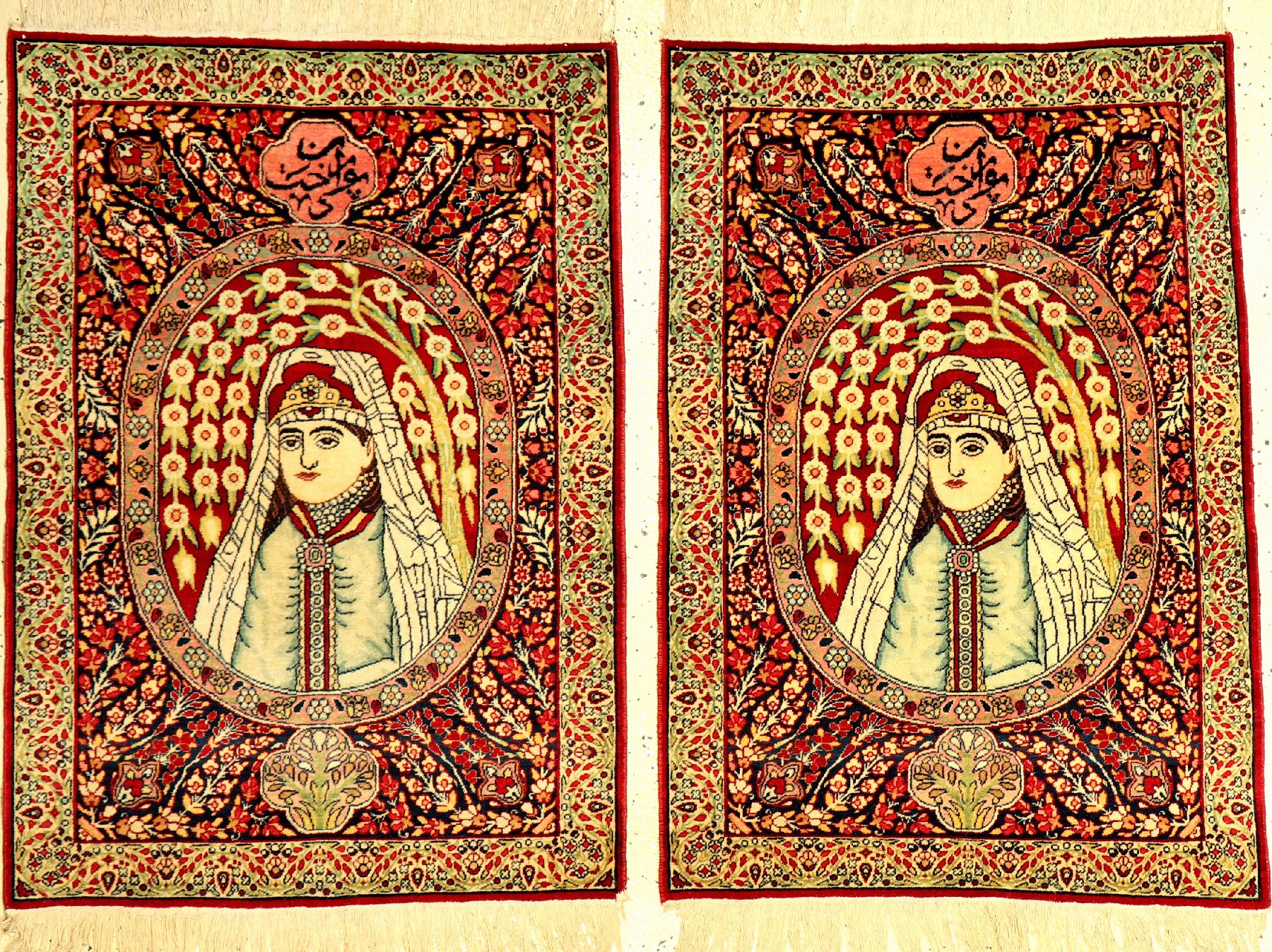 1 Paar feine Kerman-Ravar "Bildteppiche" antik (Purandokht, Tochter des persischen Königs Chosrau II.), Südpersien, Ende 19.Jhd., ...