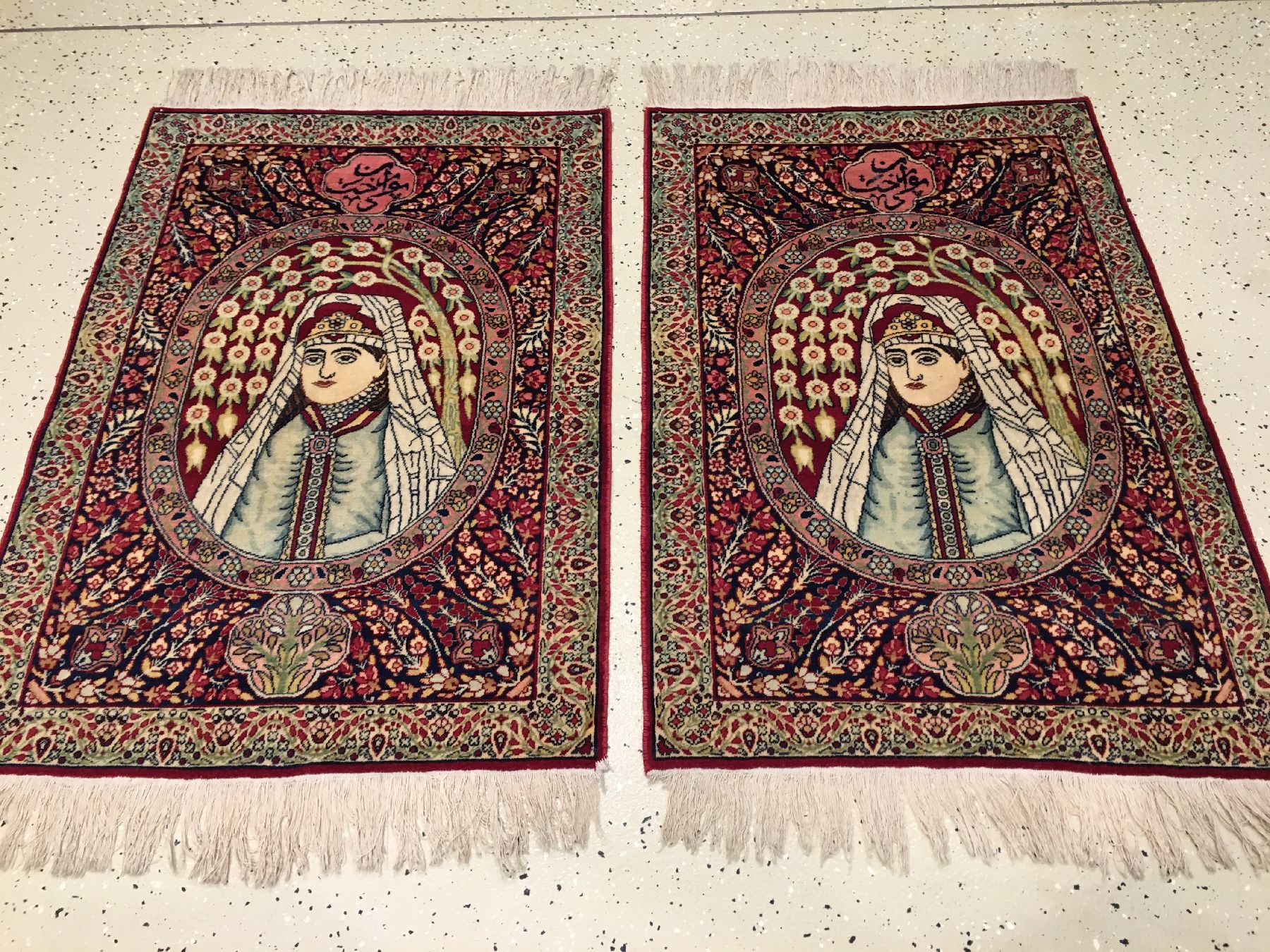 Detail a: 1 Paar feine Kerman-Ravar "Bildteppiche" antik (Purandokht, Tochter des persischen Königs Chosrau II.), Südpersien, Ende 19.Jhd., ...