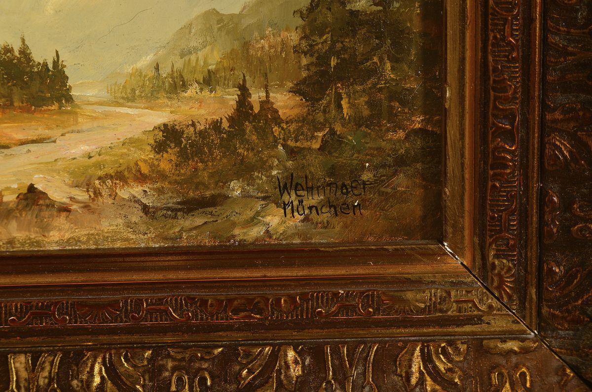 Detail b: Herbert Wehringer, 1926 Kempten - 2017, Augsburg, zwei Landschaftsdarstellungen, Öl/Holz, signiert, 12 x 15 cm und 10.5 x 19 cm, Prunkrahmen