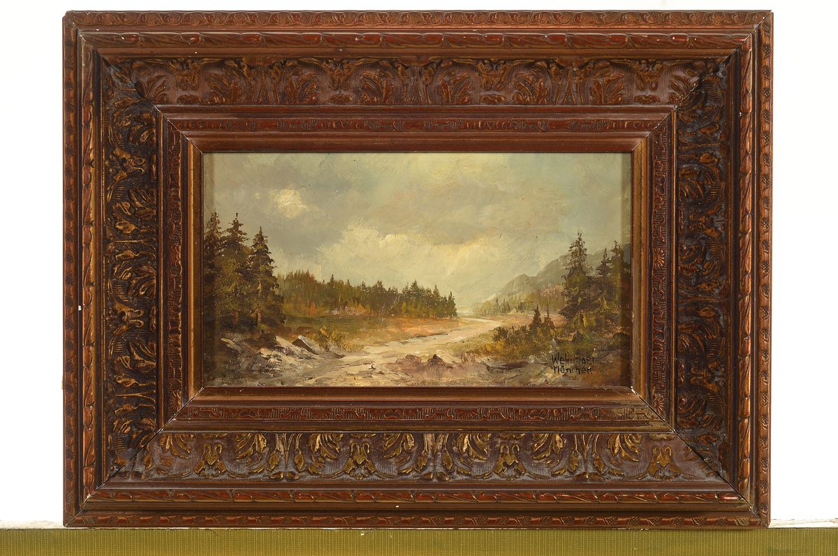 Detail k: Herbert Wehringer, 1926 Kempten - 2017, Augsburg, zwei Landschaftsdarstellungen, Öl/Holz, signiert, 12 x 15 cm und 10.5 x 19 cm, Prunkrahmen