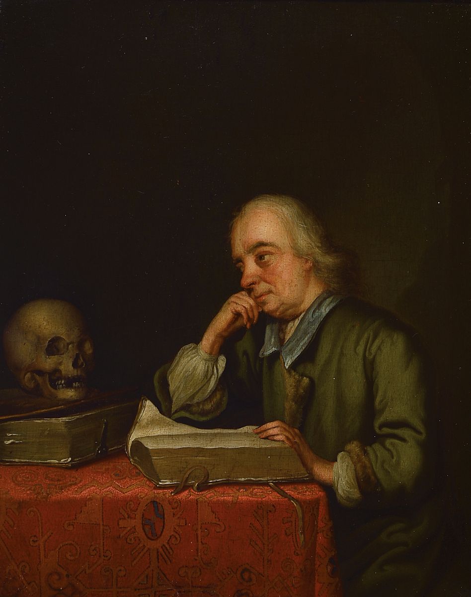Justus Juncker Zuschreibung, Mainz/Frankfurt, 1703-67, Gelehrter im grünen Rock am Tisch sitzend mit Büchern, rot gemusterte Tischdecke, im ...