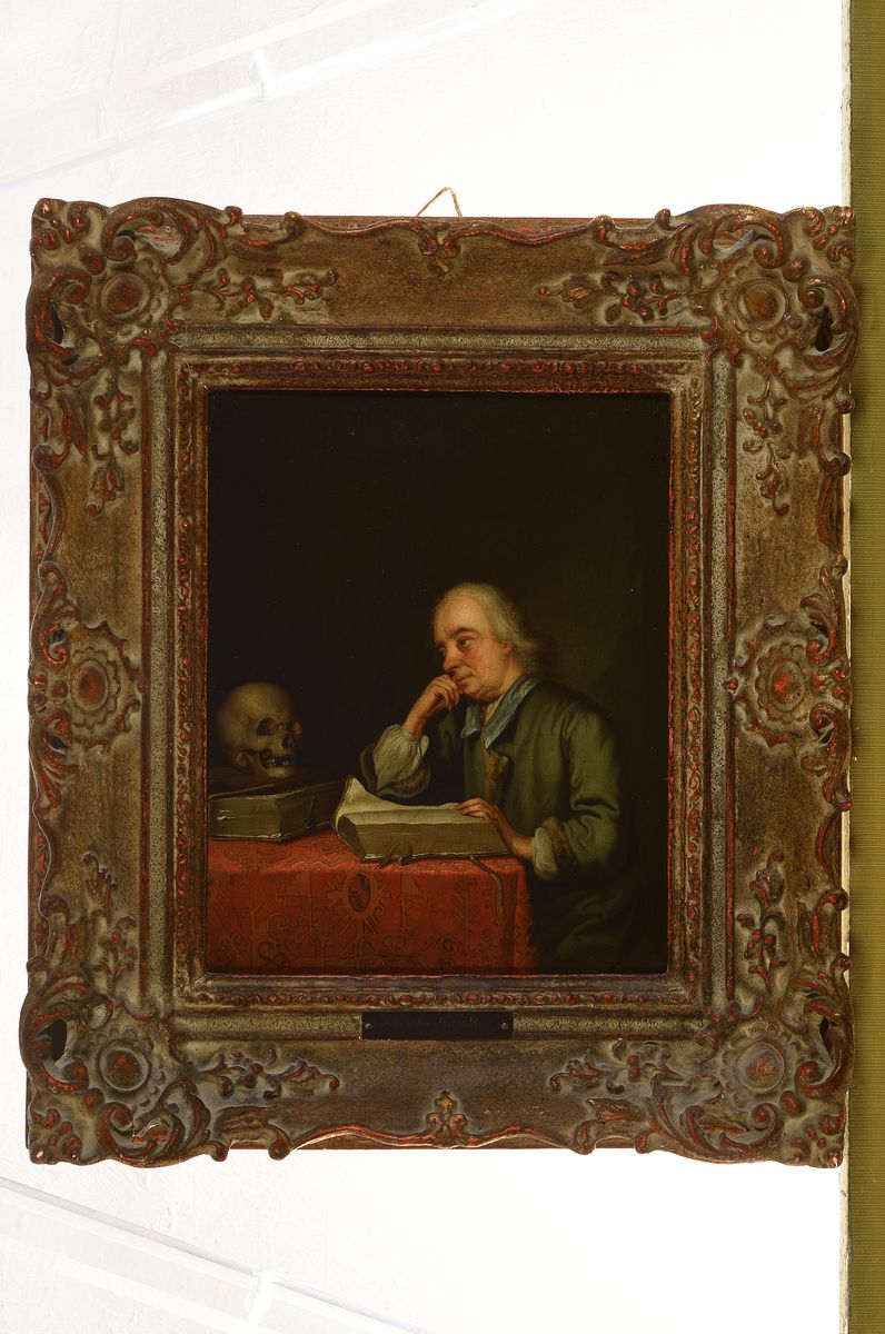 Detail k: Justus Juncker Zuschreibung, Mainz/Frankfurt, 1703-67, Gelehrter im grünen Rock am Tisch sitzend mit Büchern, rot gemusterte Tischdecke, im ...