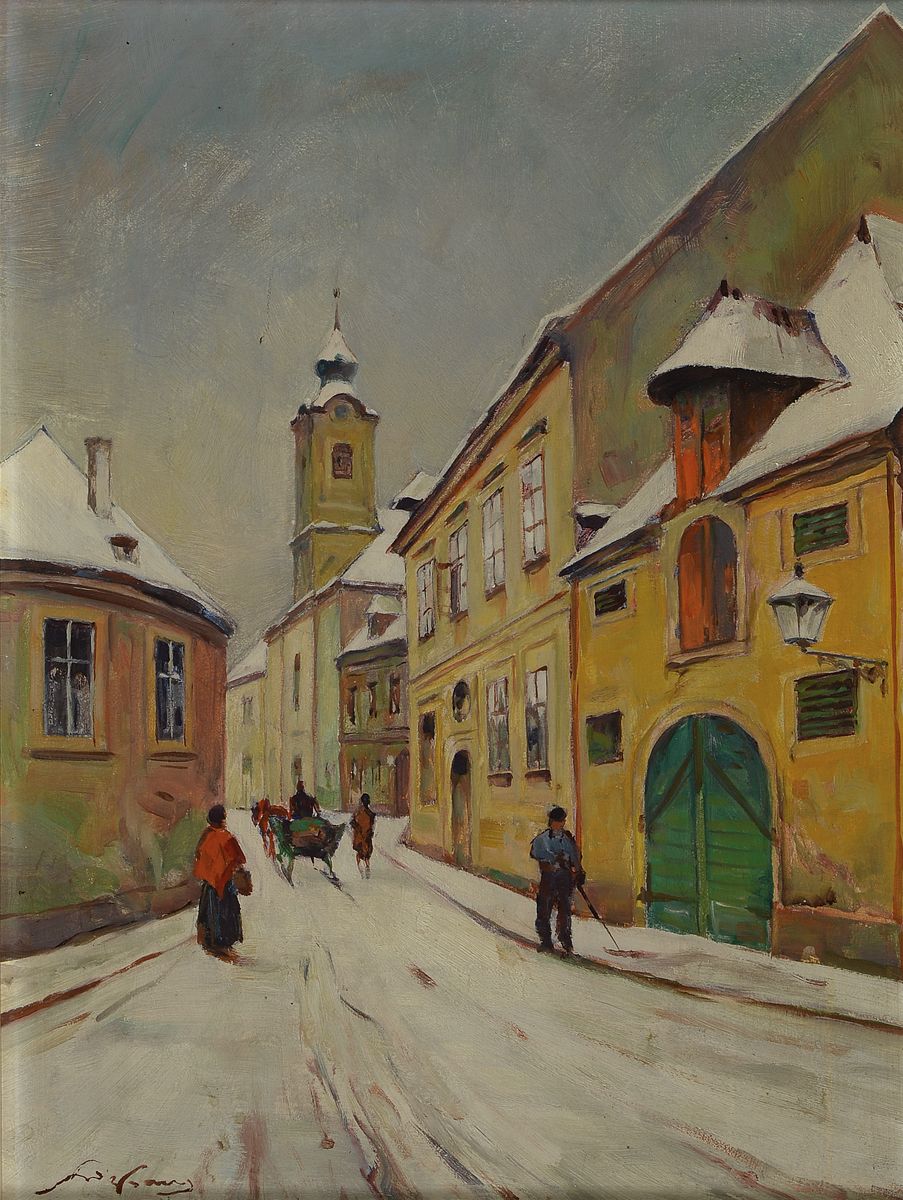 Unbekannter Künstler des 19./20.Jh., Ansichtauf Nussdorf (Wien) mit der Pfarrkirche St. Thomas, belebte winterliche Straße, Öl/Platte, li. unten ...