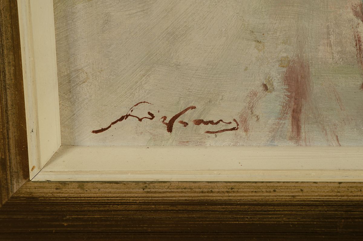 Detail a: Unbekannter Künstler des 19./20.Jh., Ansichtauf Nussdorf (Wien) mit der Pfarrkirche St. Thomas, belebte winterliche Straße, Öl/Platte, li. unten ...