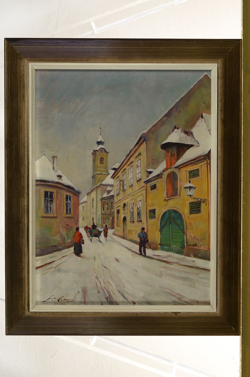 Detail k: Unbekannter Künstler des 19./20.Jh., Ansichtauf Nussdorf (Wien) mit der Pfarrkirche St. Thomas, belebte winterliche Straße, Öl/Platte, li. unten ...