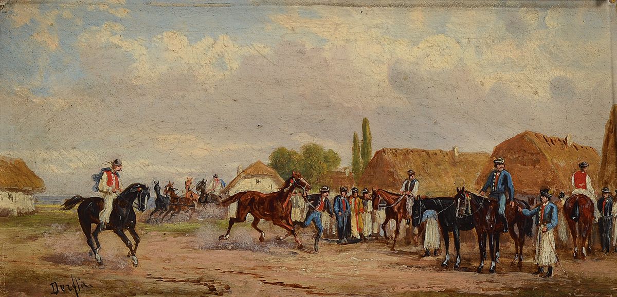 Anton Rudolf Derfla, 1849, traditionell ungarische Genreszene, wohl eines Pferdemarktes, Öl/Holz, li. u. signiert, Rahmen best., ca. 13x26 / 32x45 cm