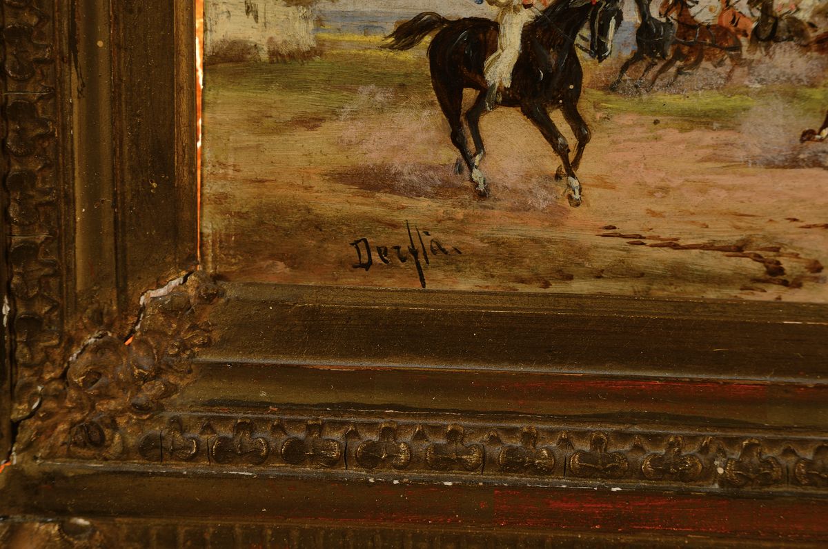 Detail a: Anton Rudolf Derfla, 1849, traditionell ungarische Genreszene, wohl eines Pferdemarktes, Öl/Holz, li. u. signiert, Rahmen best., ca. 13x26 / 32x45 cm