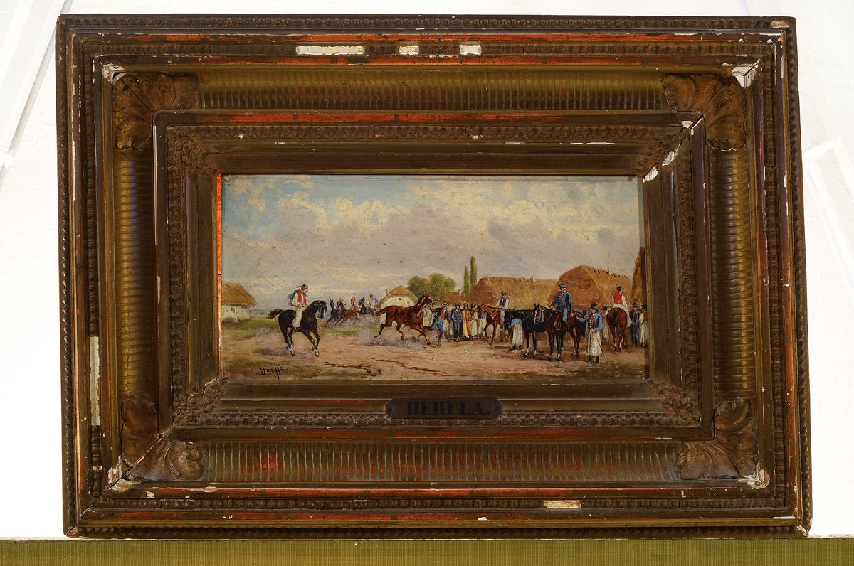 Detail k: Anton Rudolf Derfla, 1849, traditionell ungarische Genreszene, wohl eines Pferdemarktes, Öl/Holz, li. u. signiert, Rahmen best., ca. 13x26 / 32x45 cm