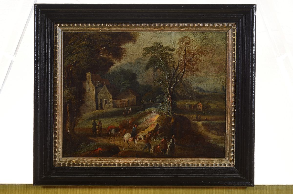 Detail k: Niederländischer Künstler d. 17./18.Jh., Landschaft mit reicher Personenstaffage, wohl um 1680/1700, Öl/Lwd, rest., partiell übermalt, doubliert, ...