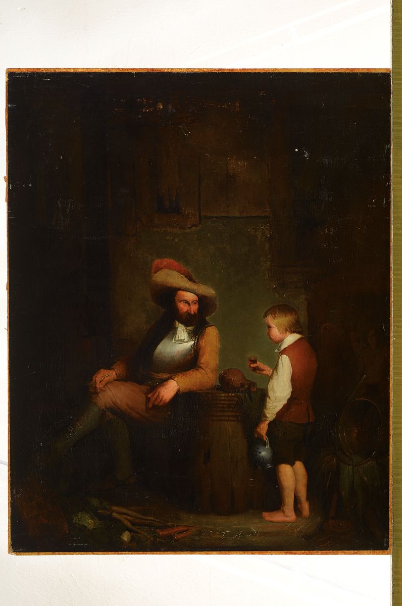 Detail k: Unbekannter Künstler der Münchner Schule, 19. Jh., Wirtshausszene, hervorragende Umsetzung der Wirkung von Licht u. Schatten, gelungene, dem ...