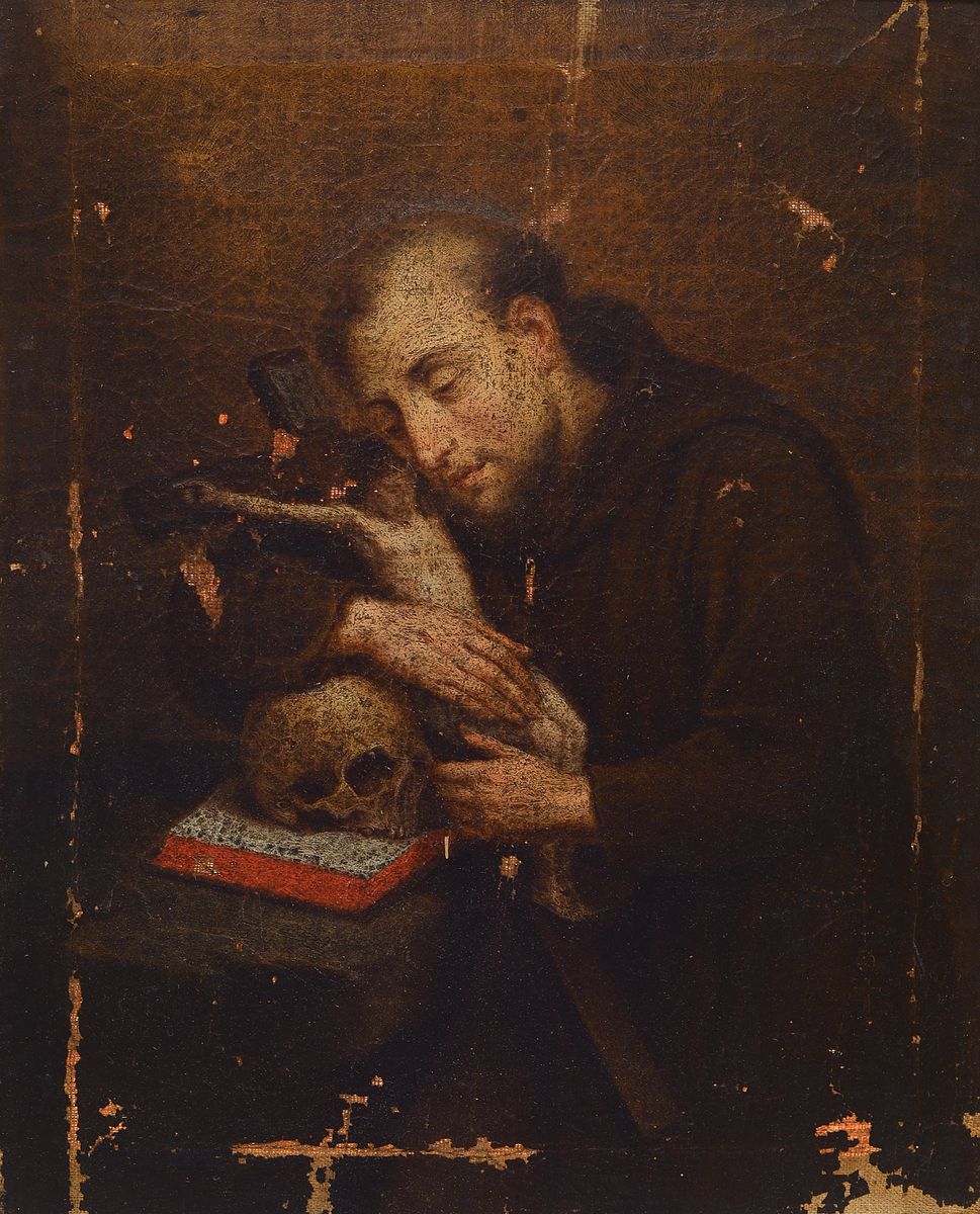 Künstler des 17. Jh., Heiliger Franziskus mit Kruzifix, lasierende Malerei, sehr gute Stofflichkeit, Farbverlust und krakeliert, altersbedingt ...