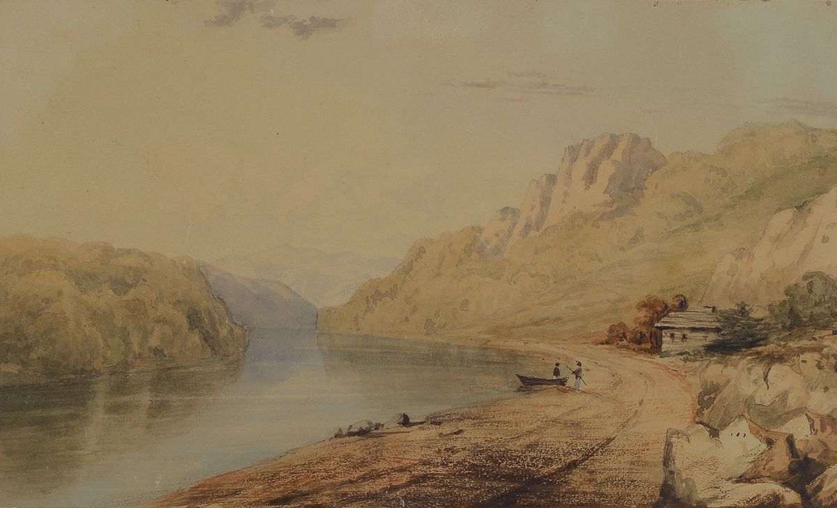 Aquarell, Mitte 19. Jh., Alpensee, ca. 14 x 22.5 cm