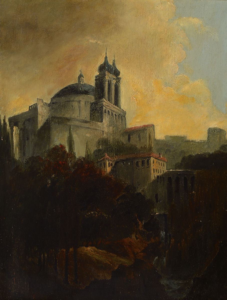 Unbekannter Künstler des 19.Jh., Darstellung einer fiktiven Kathedrale in einer italienisch anmutenden Umgebung, Verweis auf die malerische ...
