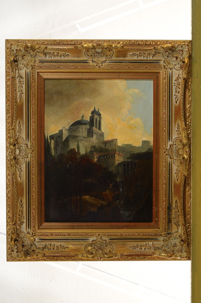 Detail k: Unbekannter Künstler des 19.Jh., Darstellung einer fiktiven Kathedrale in einer italienisch anmutenden Umgebung, Verweis auf die malerische ...