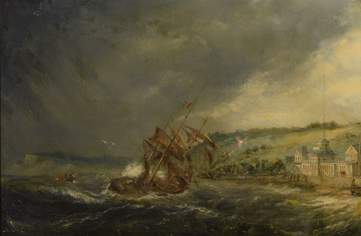 Niederländischer Künstler, 18. Jh., sinkendes Schiff vor der Küste, Öl/Lwd., besch., ca. 37 x 57 cm, Rahmen