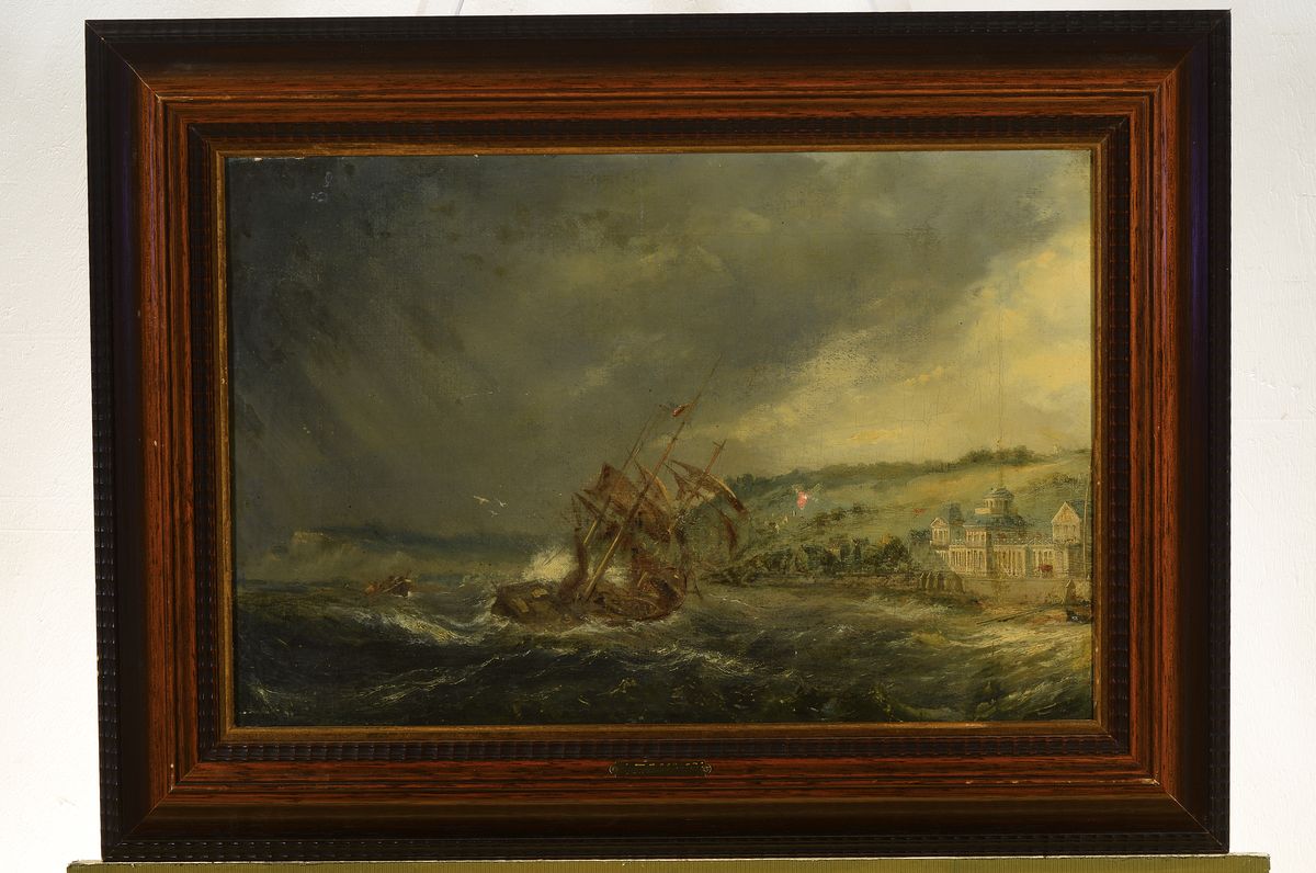 Detail k: Niederländischer Künstler, 18. Jh., sinkendes Schiff vor der Küste, Öl/Lwd., besch., ca. 37 x 57 cm, Rahmen