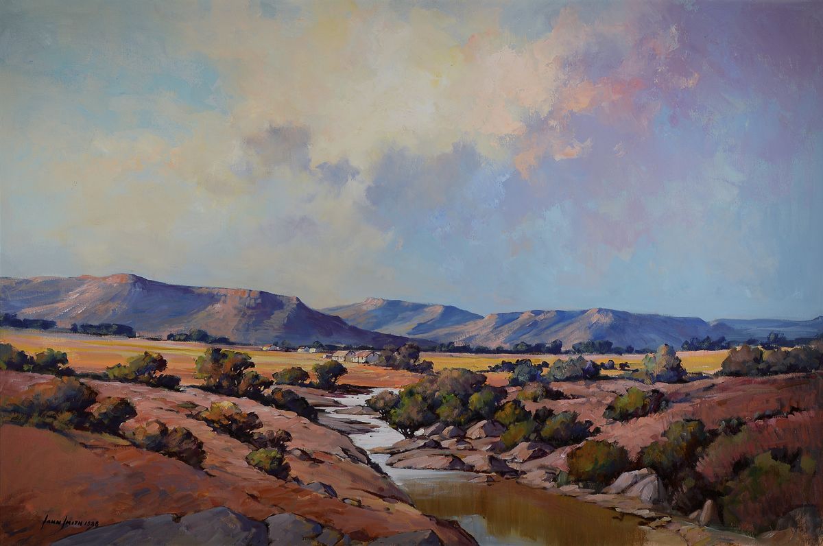 John Smith, geb. 1944, Südafrikanischer Künstler, Tal in Südafrika, Öl/Platte, ca. 90 x 135 cm, Rahmen