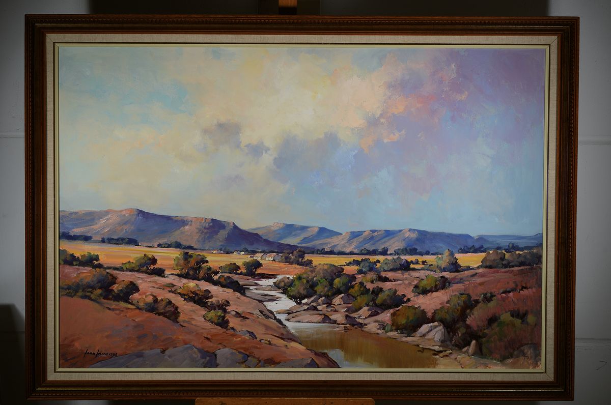 Detail k: John Smith, geb. 1944, Südafrikanischer Künstler, Tal in Südafrika, Öl/Platte, ca. 90 x 135 cm, Rahmen