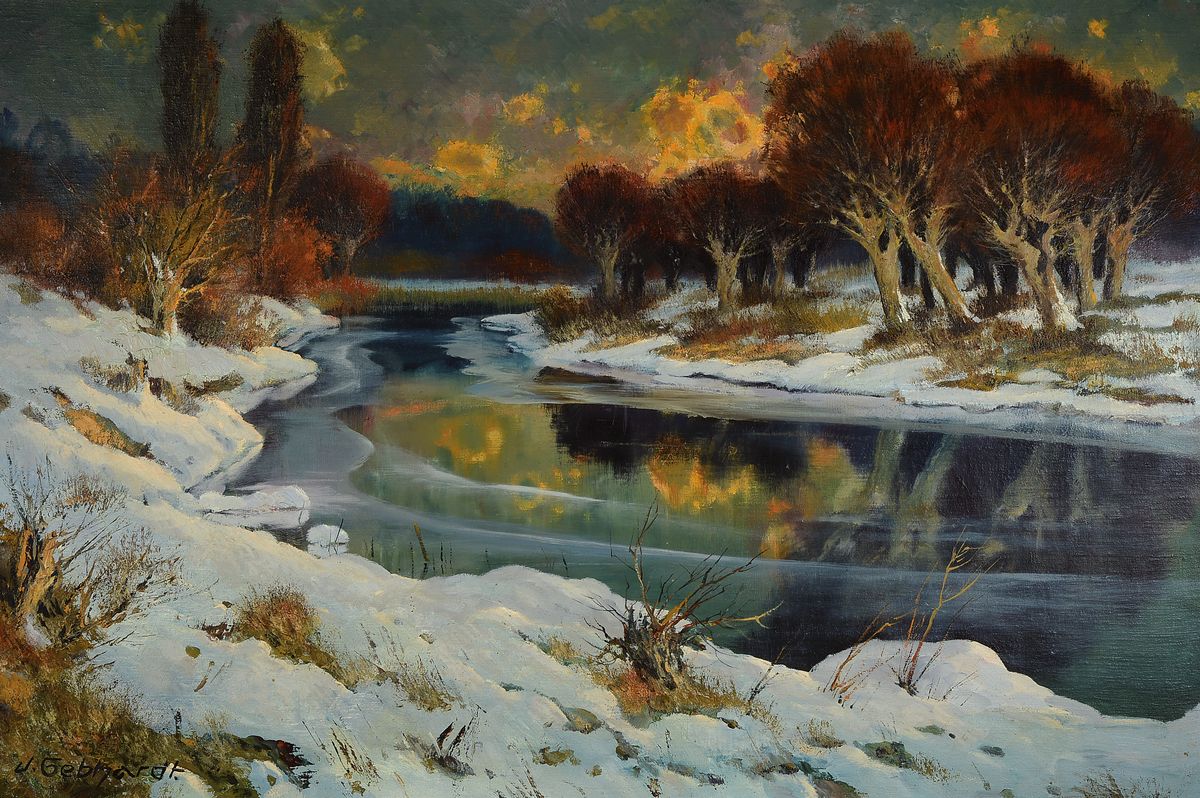 Johannes Gebhardt, 1898 - 1970 Lampertheim, Winterlandschaft bei Lampertheim, Altrhein bei Lampertheim, "Tauwetter", verso bezeichnetund ...