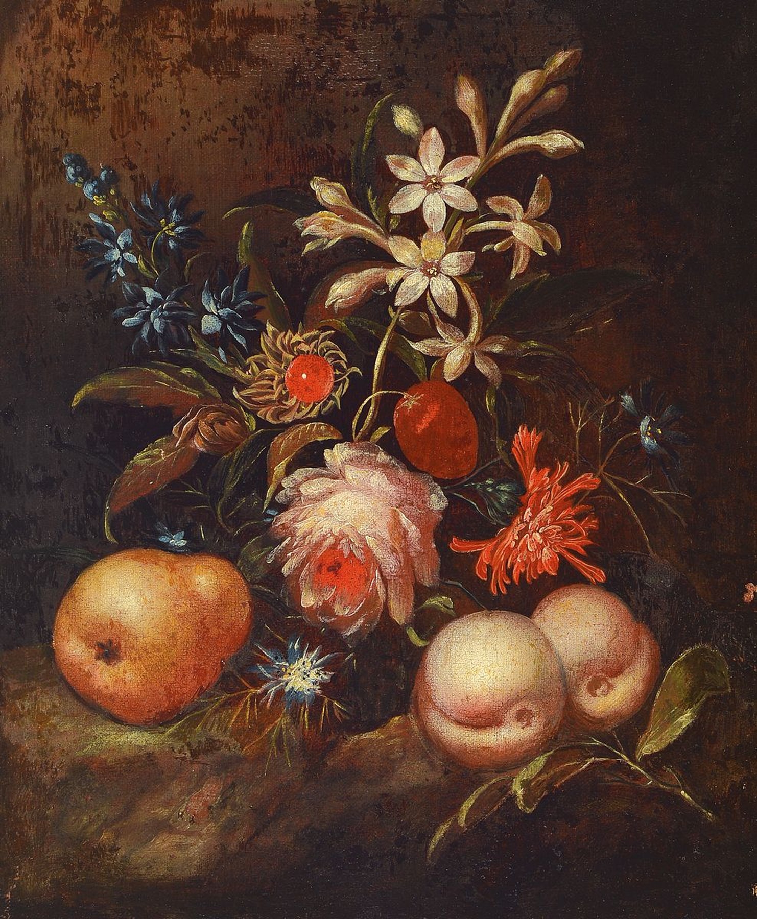 Niederländischer Künstler, um 1680-1720, in der Nachfolge von Gerhard Hoet, Stillleben mit Rosen, Nelke, u.a. Blumen, Birne und Pfirsich, ...