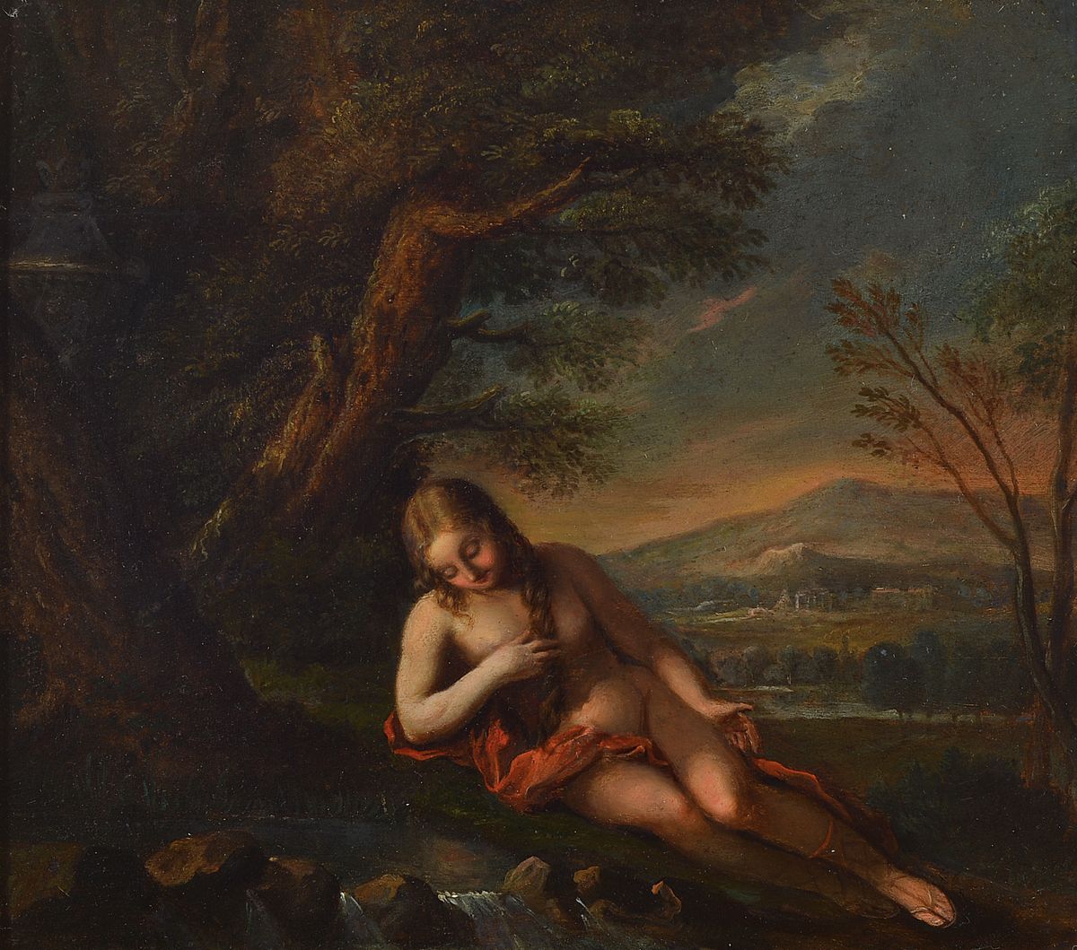 wohl niederländischer Maler, um 1680-1720, liegende Odaliske am Fluss, sinnend auf das Wasser blickend, im Hintergrund ital. Ruinenlandschaft, ...