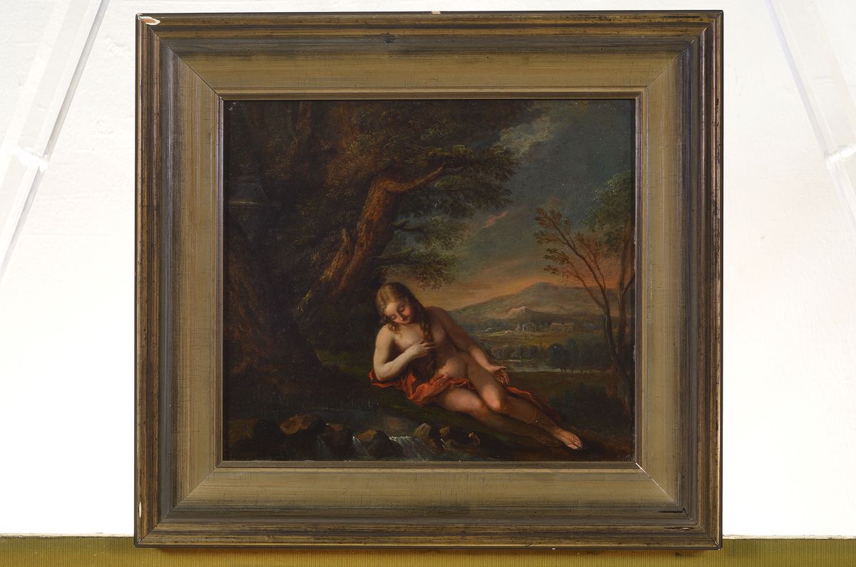 Detail k: wohl niederländischer Maler, um 1680-1720, liegende Odaliske am Fluss, sinnend auf das Wasser blickend, im Hintergrund ital. Ruinenlandschaft, ...
