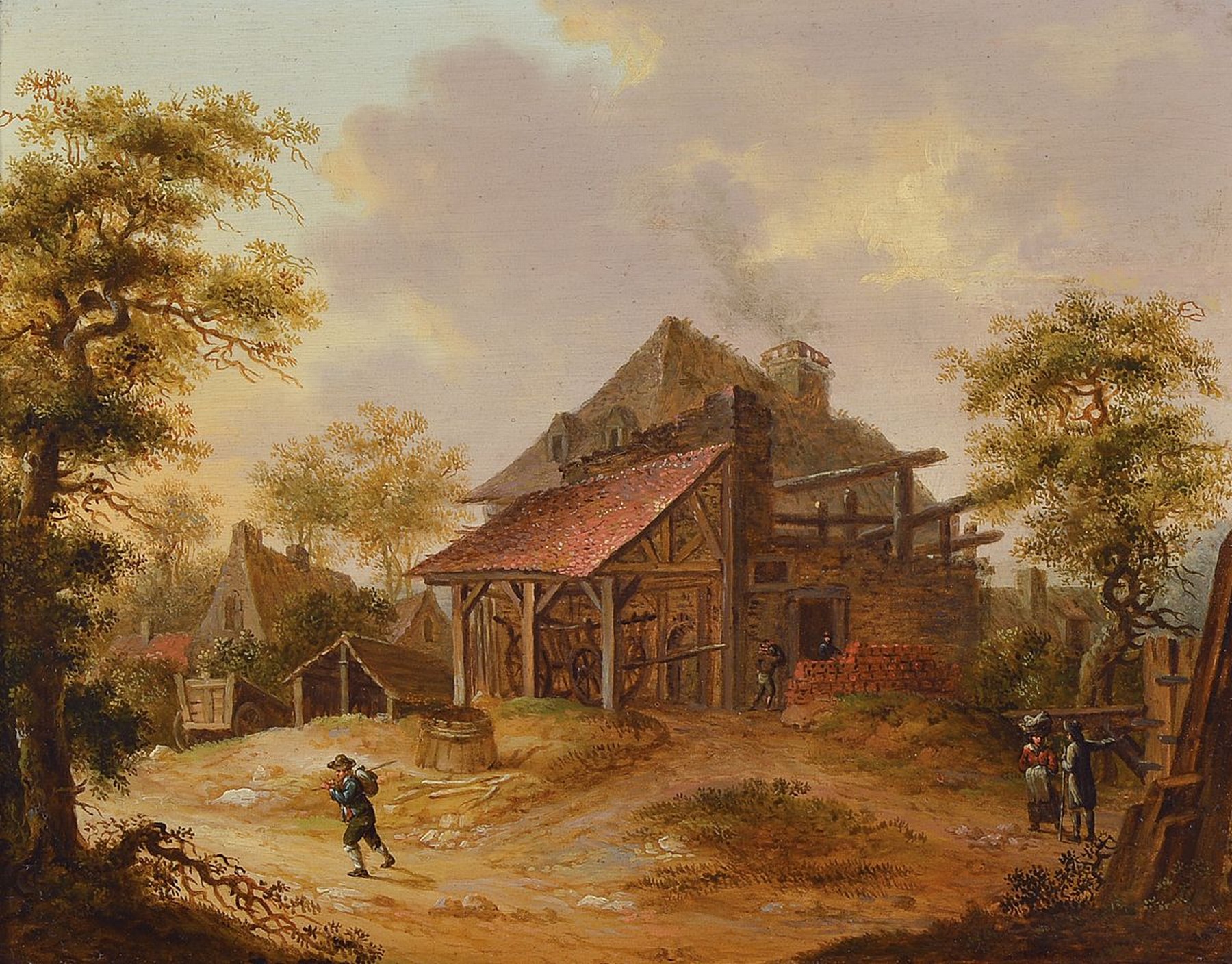Niederländischer Künstler, um 1680/1700, bäuerliches Treiben vor einem Gehöft, erzählende Schilderung, bewegter Himmel mit aufziehenden Wolken, ...