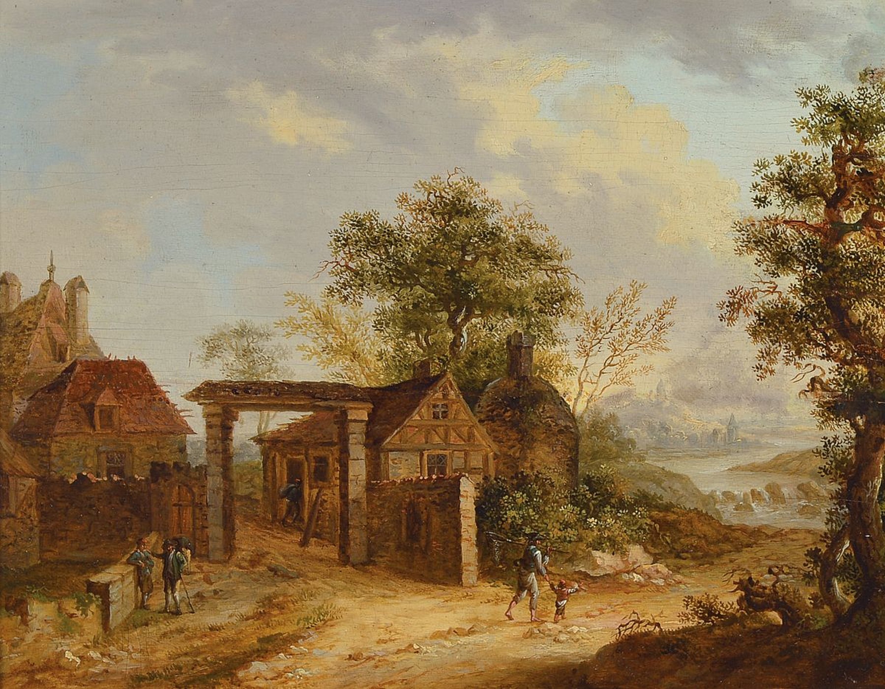 Niederländischer Künstler, um 1680/1700, bäuerliche Dorfansicht mit Häusern und Personen, erzählende Schilderung, im Hintergrund Blick auf eine ...