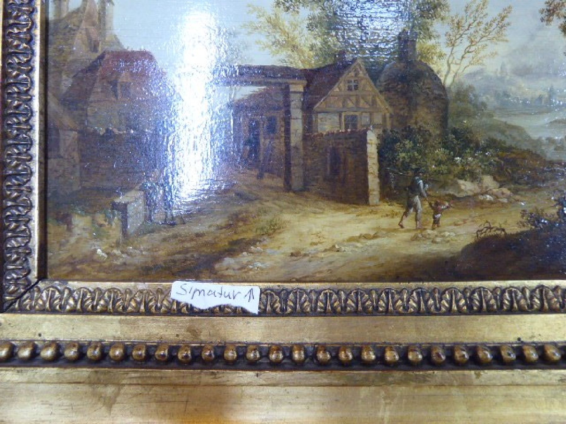 Detail b: Niederländischer Künstler, um 1680/1700, bäuerliche Dorfansicht mit Häusern und Personen, erzählende Schilderung, im Hintergrund Blick auf eine ...