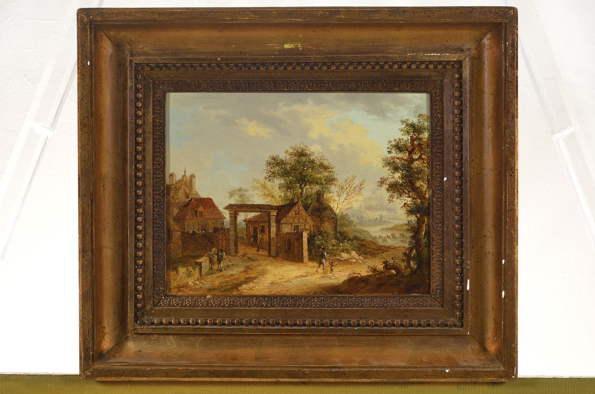 Detail k: Niederländischer Künstler, um 1680/1700, bäuerliche Dorfansicht mit Häusern und Personen, erzählende Schilderung, im Hintergrund Blick auf eine ...