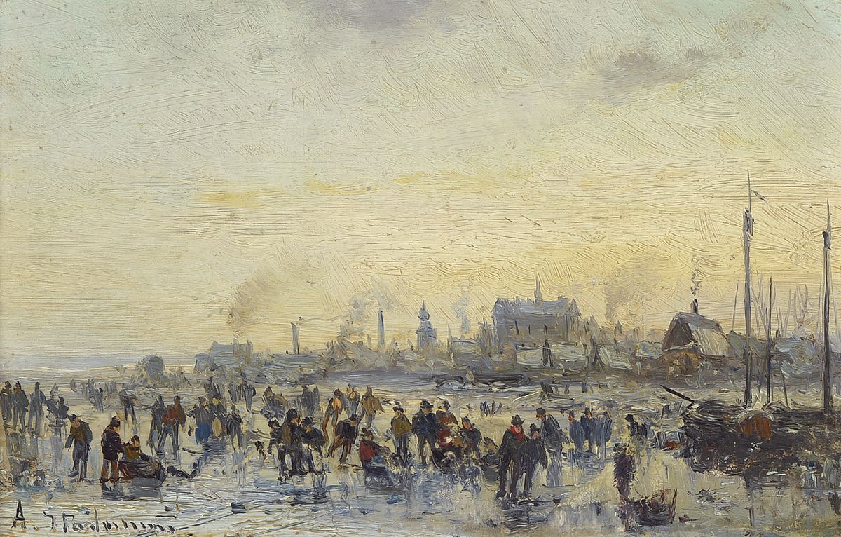 Adolf Stademann, 1824 München - 1895, "Eisvergnügen vor Stadtsilhouette", Öl/ Mahagoniplatte, li. unten signiert, reine ...